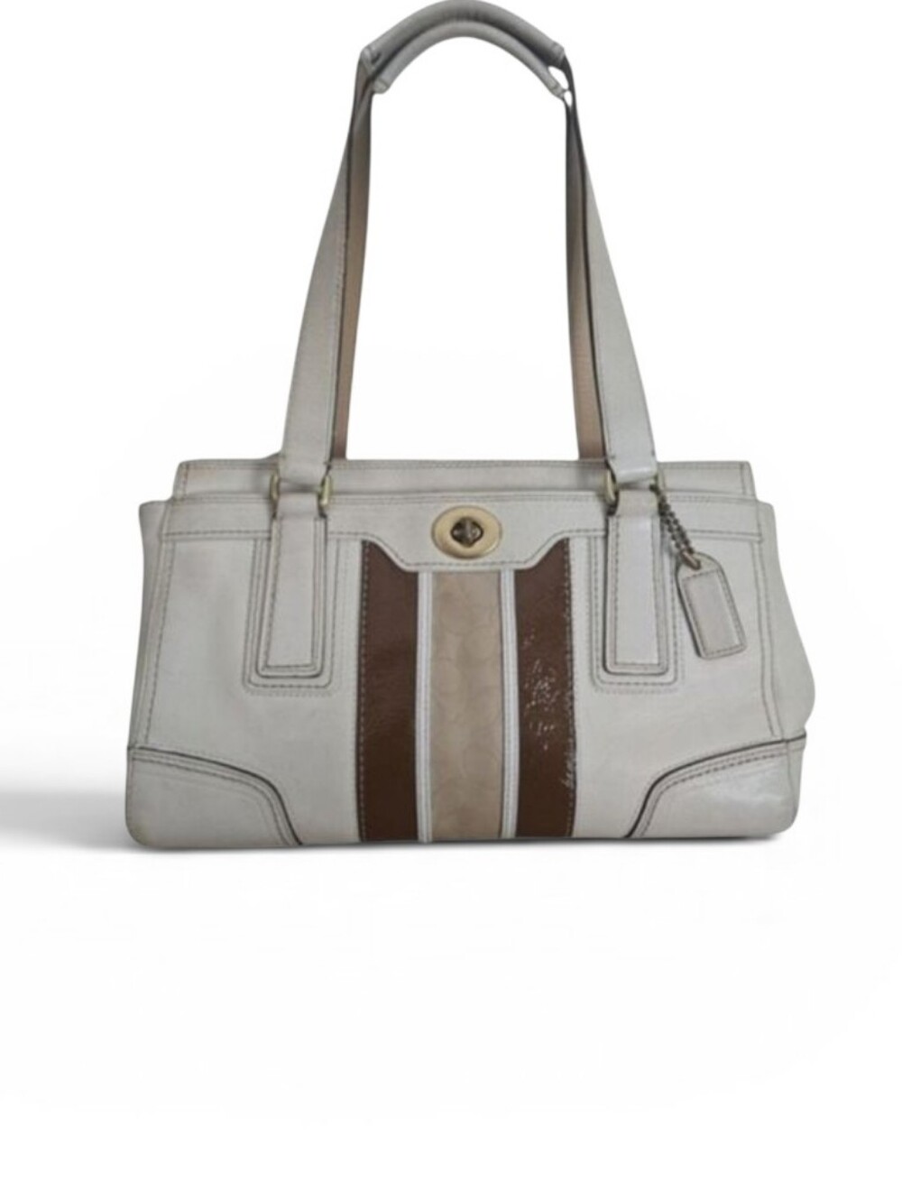 Vintage Y2K Coach Hamptons Turnlock Signature Stripe Satchel 11609 White/Brown